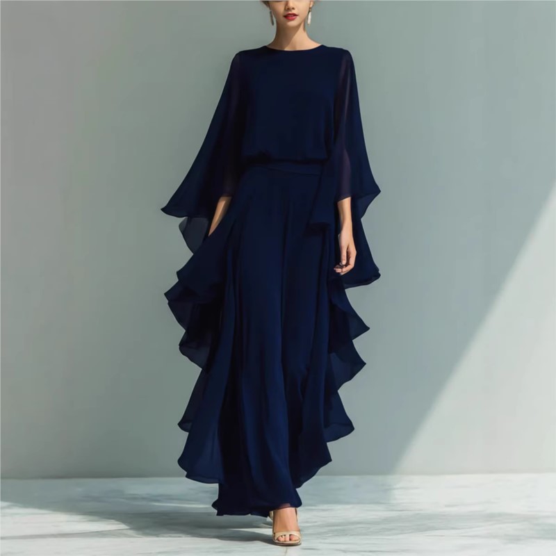 Ensemble deux pièces bohème pour femme : chemise en mousseline bleu marine à manches cloche et pantalon droit à volants – Tenue tendance
