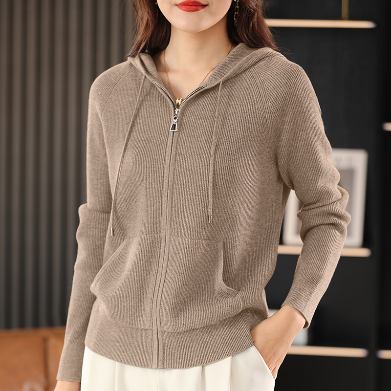 Pull en mélange de laine pour femme, col à capuche, tricoté épais, fermeture éclair, avec base de poche, automne et hiver ​ Top manteau femme