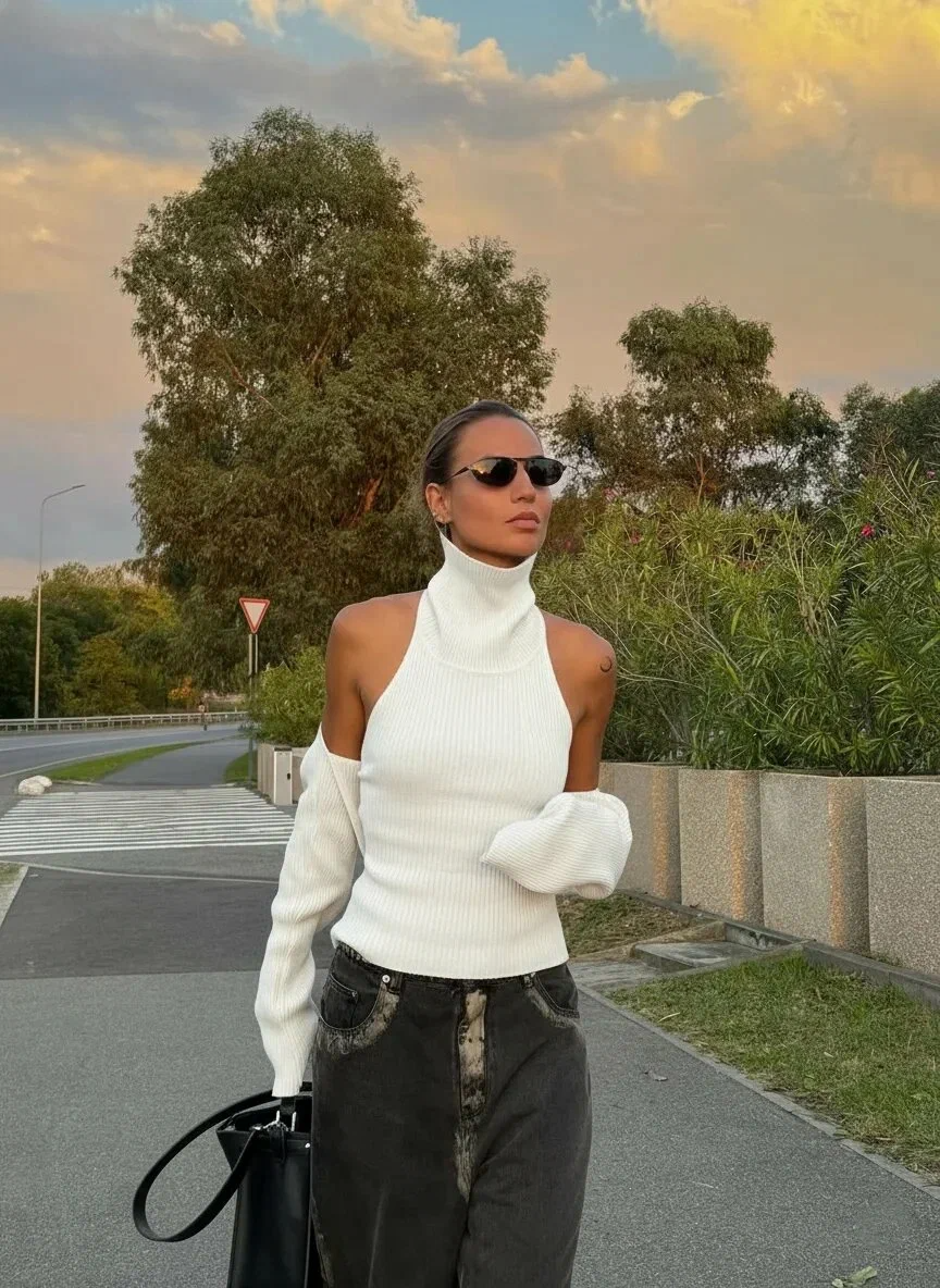 Ensemble de gilets tricotés sans dos à col roulé blanc pour femme, élégant, avec cape en maille, vêtements blancs 2026, gris, noir, bleu, automne