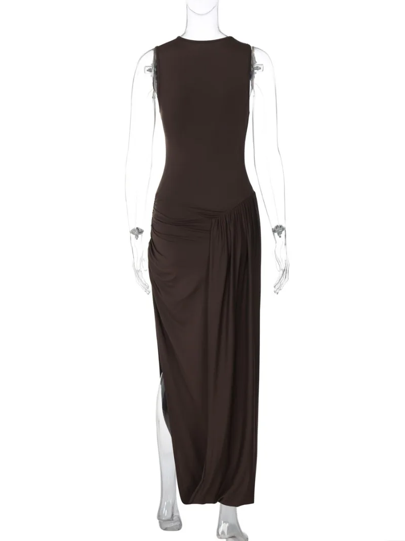 Robe longue froncée à col rond pour femme, vêtement sans manches, fente haute, Streetwear Y2K, taille haute, couleur unie, robes de soirée de vacances