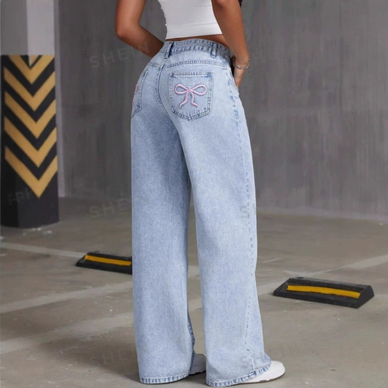 Jeans vintage pour hommes avec broderie nœud, pantalon en denim délavé, coupe ample unisexe style Harajuku, jambe droite, streetwear, mode décontractée, nouvelle tendance
