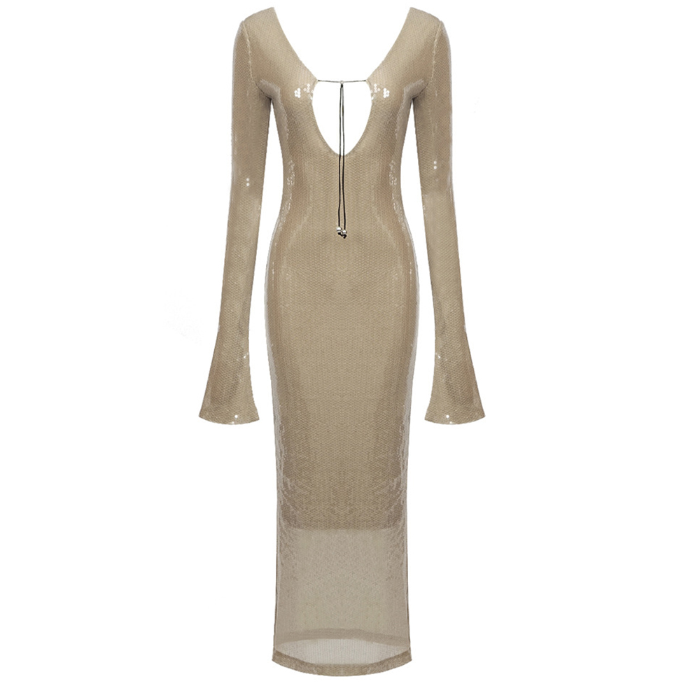 Robe de soirée élégante à paillettes en V profond, manches longues, dos nu, à lacets, mi-longue, longueur cheville, robe de soirée formelle