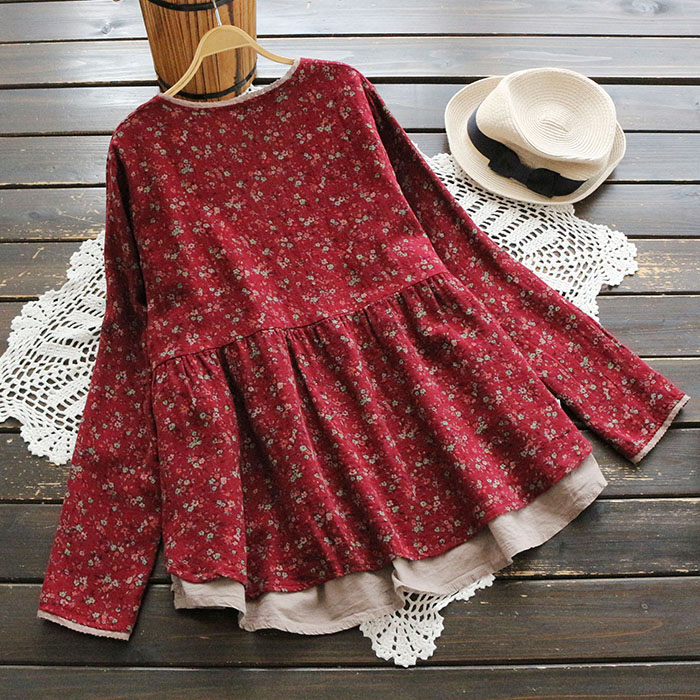 Nouvelle Blouse Femme Automne Manches Longues Coton Lin Imprimé Floral Rétro Japonais Vintage Col V Dentelle Chemise 2022