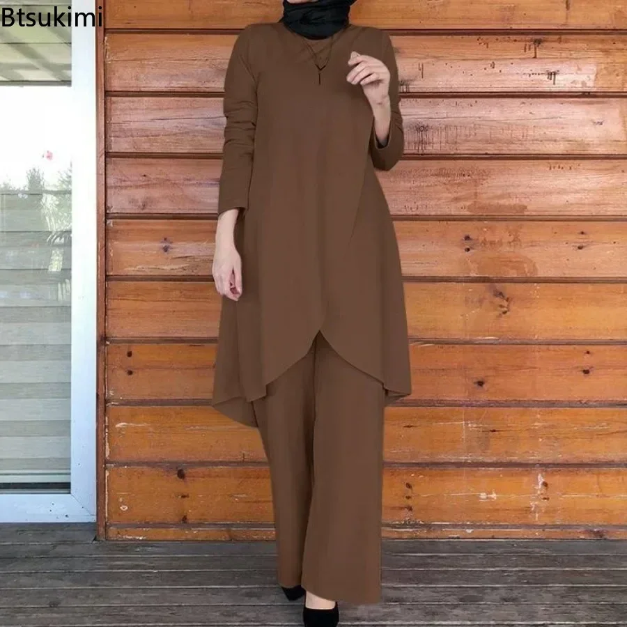 Ensembles musulmans pour femmes, chemisier asymétrique à la mode avec pantalon à jambes larges, costumes décontractés, dubaï, turquie, ensembles assortis, tenues pour dames, 2026