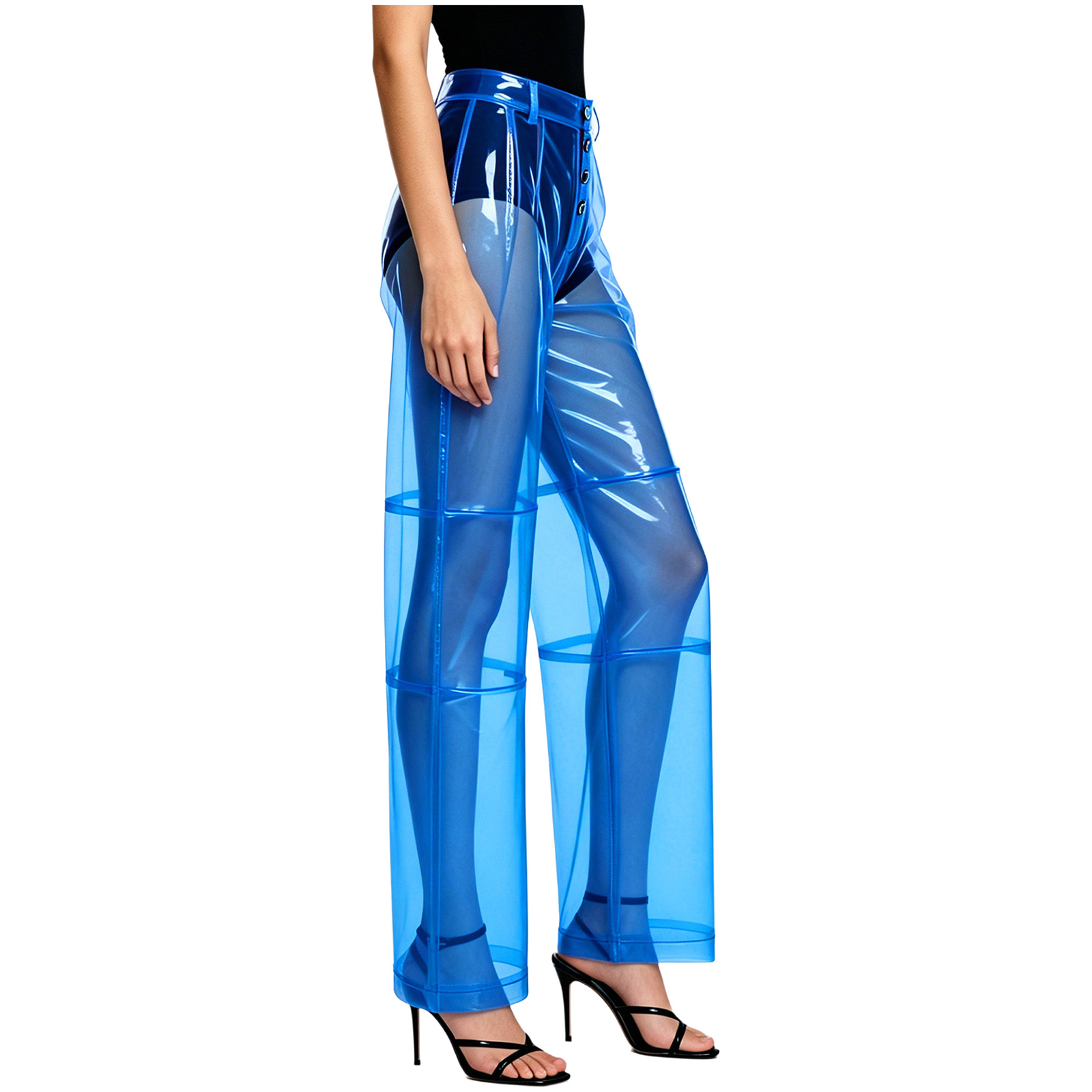 Pantalon en PVC pour femme, taille boutonnée, poches arrière, coupe large, jambe droite, transparent, idéal pour les soirées, la danse et les bals de promo