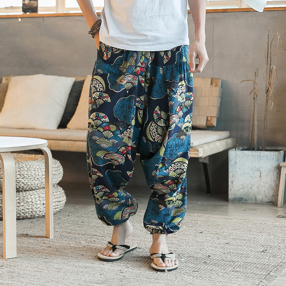 Pantalon sarouel Vintage élégant pour hommes, Design à entrejambe tombant, pantalon décontracté, respirant, coupe ample, style Boho, jogging imprimé aléatoire
