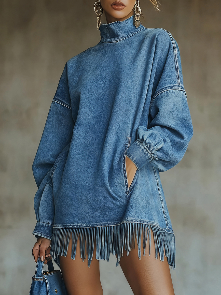 Robes en jean vintage pour femmes, col mi-haut, couleur unie, ourlet à franges, robe longue à manches longues, poche, sweat-shirt ample