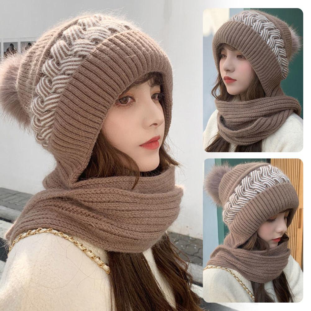Chapeau tricoté pour femmes, Double chaud, rembourré, épais, écharpe, une laine, filet à tricoter, vent rouge et bonnets de neige, hiver