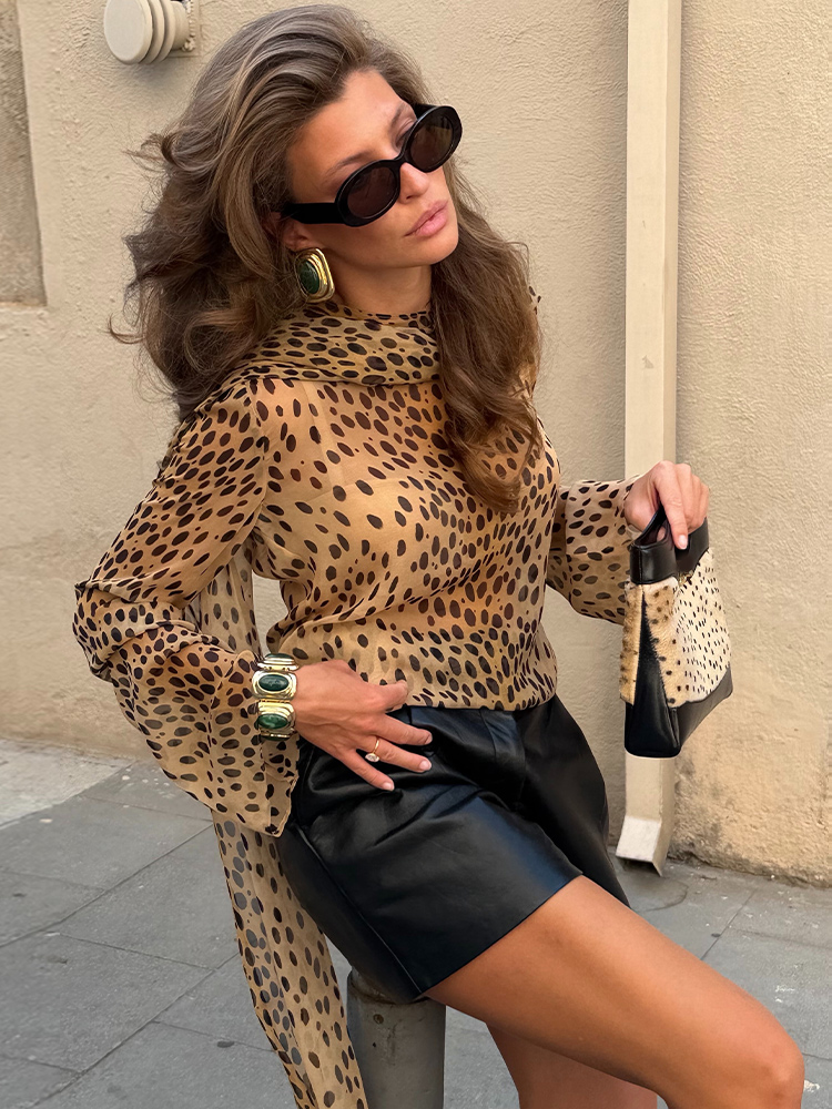 Robe Sexy à Imprimé Léopard pour Femmes, Manches Longues, Transparente, Col Halter avec Ruban, Robes Chic pour Femmes, Été Automne 2026