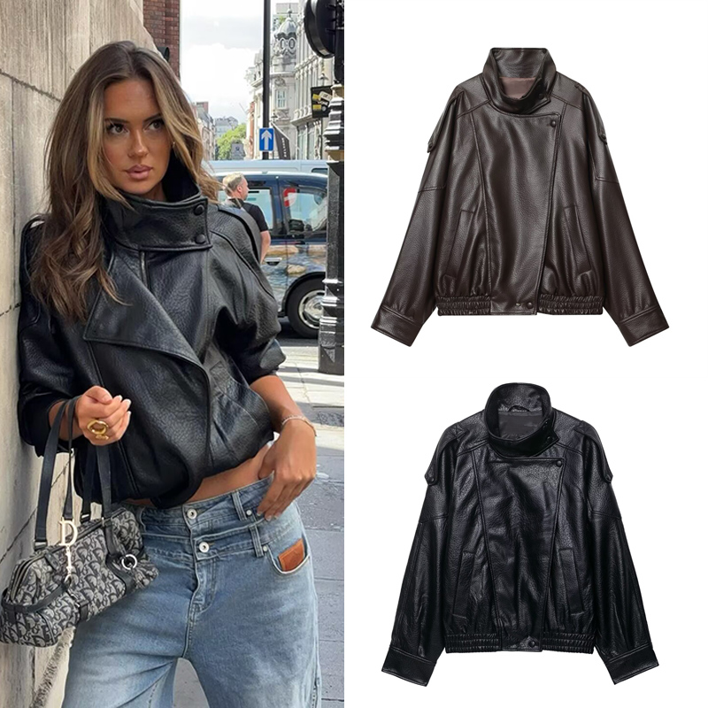 Veste en similicuir pour femmes, nouvelle mode, manches longues, veste polyvalente, chic et personnalisée, manteau pour femmes, vêtements d'extérieur pour l'automne et l'hiver.