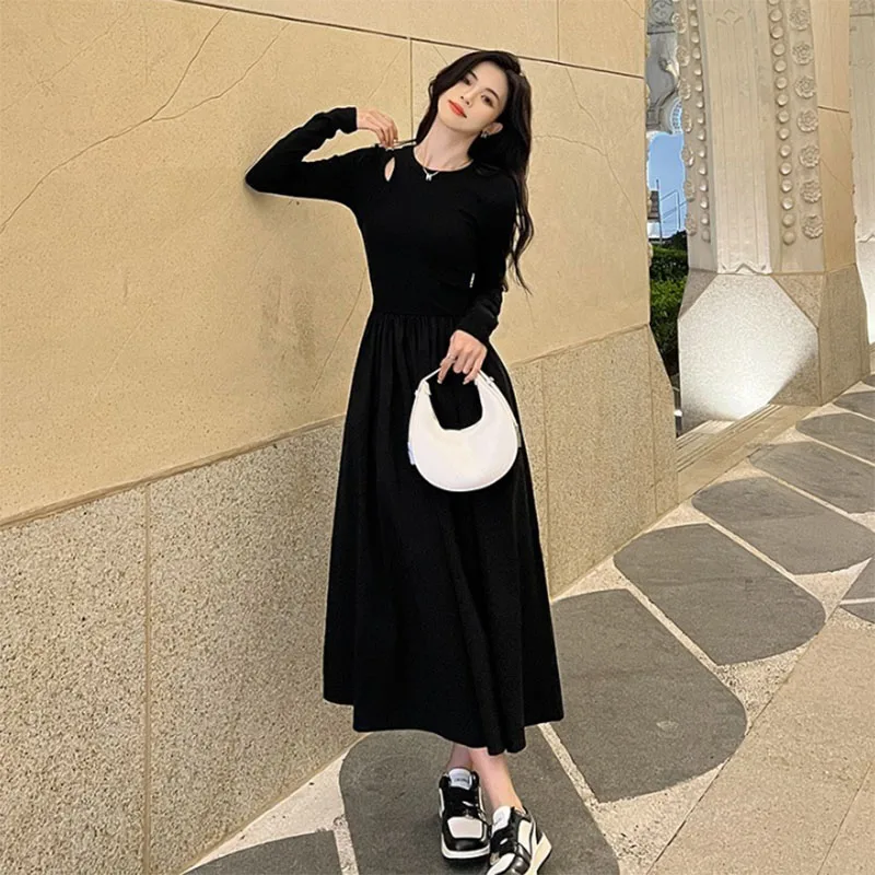 Fanan 2024 nouvelle robe trapèze à manches longues col rond mode Streetwear robes dame Style coréen évider robes longues noires femmes