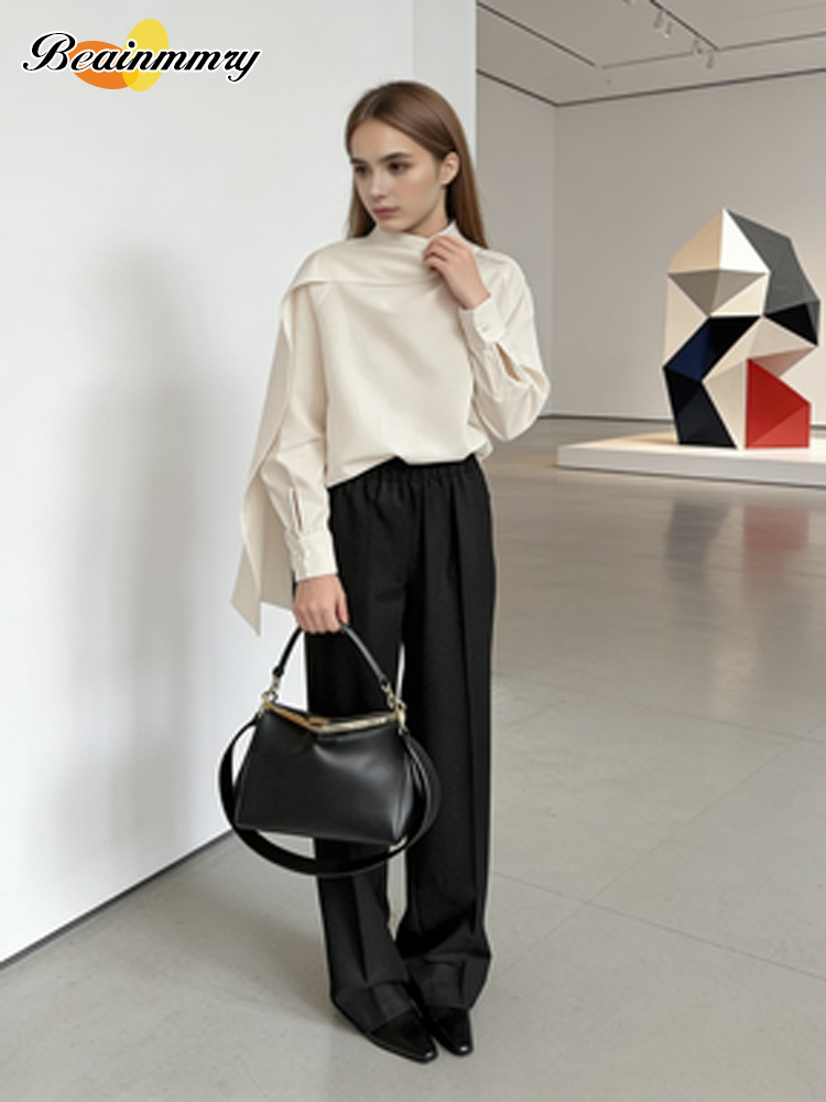 Chemise ample à col écharpe pour femme, élégante, à manches longues, avec ruban, épaule inclinée, chemisier tendance, nouveau printemps, chemises de bureau pour le trajet quotidien, 2026