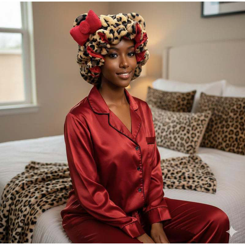Bonnet de nuit en peluche douce et moelleuse à imprimé léopard doublé de satin, avec grand nœud et oreilles d'ours réglables, accessoire pour femmes.