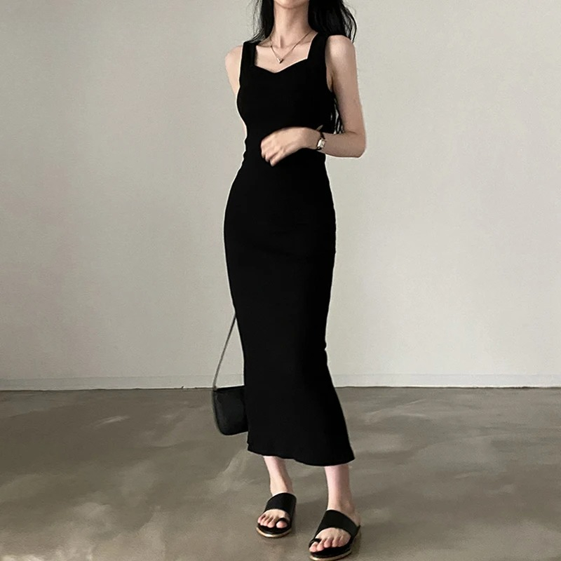 Myufon – robe longue en tricot basique, mode coréenne, col carré, sans manches, robes d'été décontractées pour femmes, Y2k, Vintage, tenues assorties avec tout