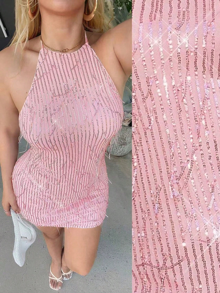 Robe Courte Rose Grande Taille à Franges et Paillettes, Style Y2K, Sans Manches, Moulante, Dos Nu, pour Soirée et Club