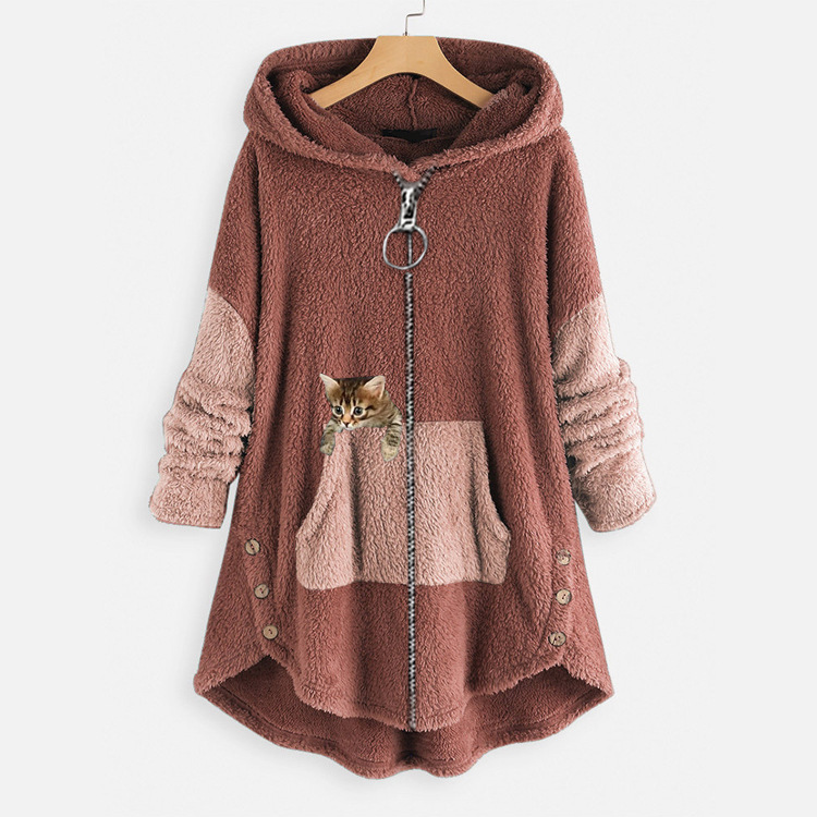 Manteau à capuche veste femmes sweat à capuche Patchwork chat imprimé fermeture éclair épais pardessus Streetwear femme automne hiver vêtements d'extérieur