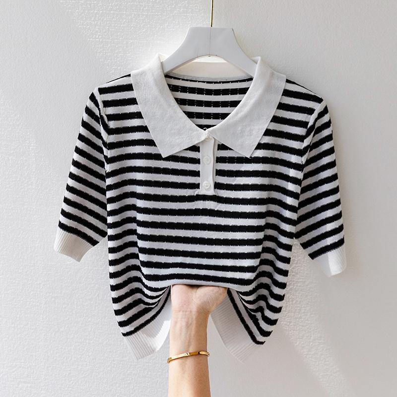 Pull à manches mi-longues en soie glacée pour femme, haut d'été à revers court rayé, à la mode, haut de gamme, Polo