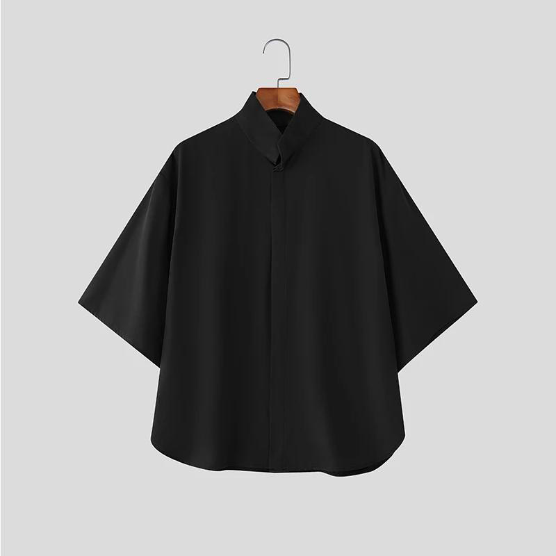 Chemise décontractée pour homme style japonais à col montant et manches courtes, coupe ample et oversize, couleur unie, boutons cachés, légère, streetwear