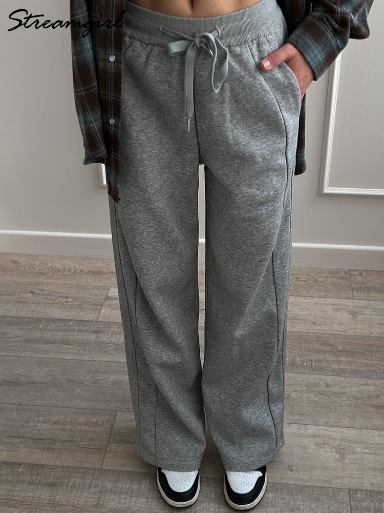 Pantalon de jogging gris pour femme, taille haute, coupe droite, jambe large, noir, automne, long, sport