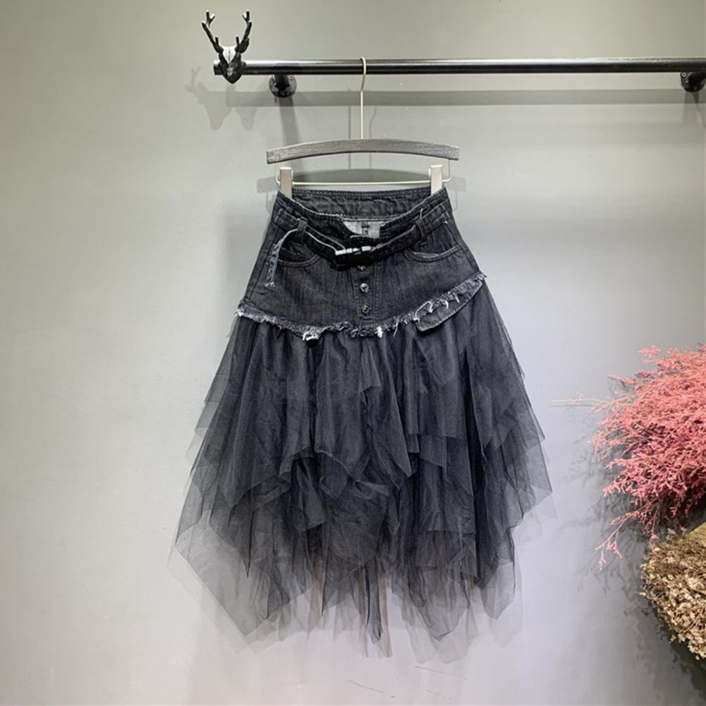 Jupe en jean taille haute pour femme, élégante, avec empiècements en maille, coupe trapèze, ourlet asymétrique, polyvalente pour le travail