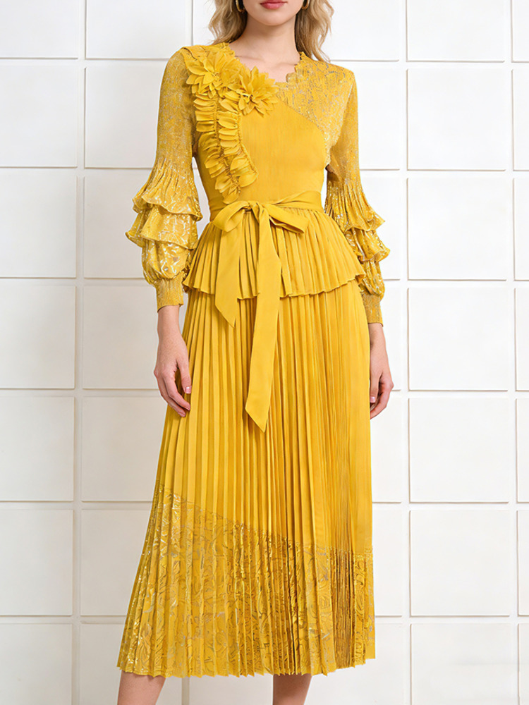 Robe plissée élégante à volants GVUW pour femme, manches lanternes, taille haute, lacets, gaufrage doré, nouvelle collection Printemps 2026, 17S3639