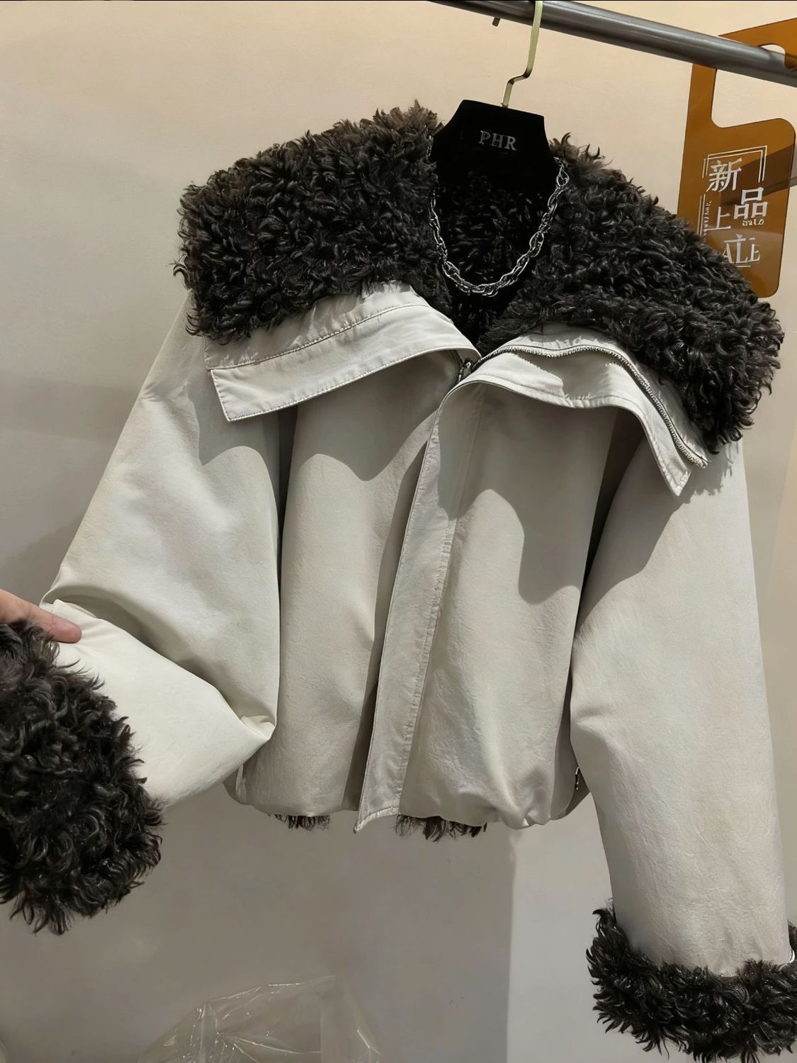 Manteau d'hiver en peluche et épaissi, nouveau design avec grand col en fourrure d'agneau, veste en coton pour femmes, parka courte, vêtements d'extérieur beige