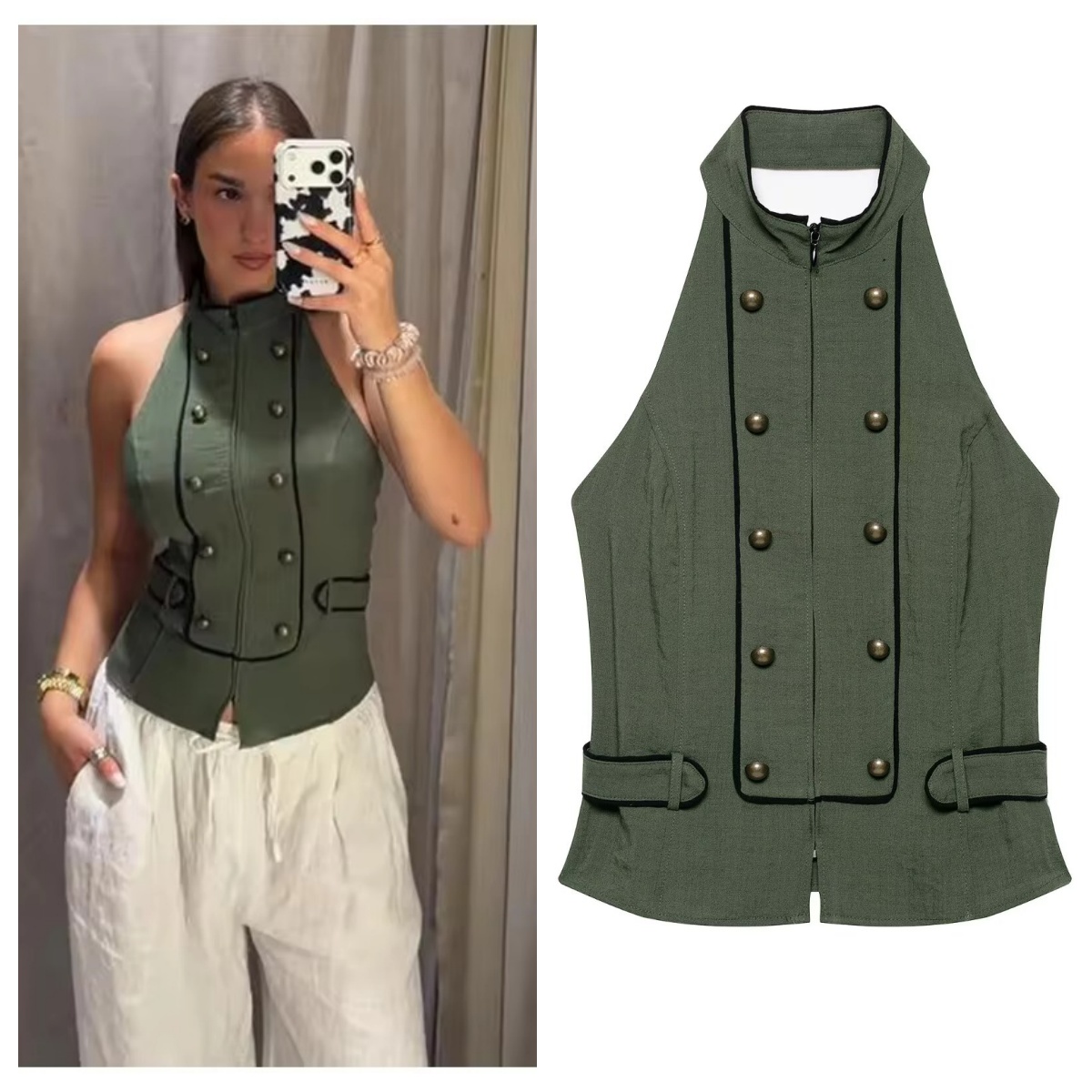Haut pour femme Été 2026, élégant, soyeux, col licou, dos nu, sexy, unique, vert armée, style plage et soirée, pour les vacances