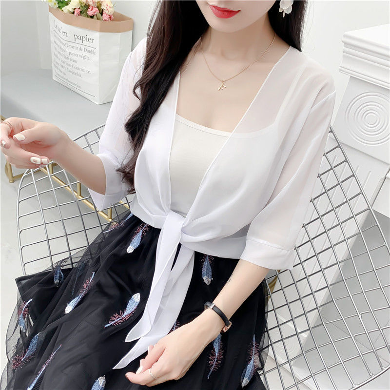 Cardigan en mousseline de soie transparente pour femme, châle d'été, couleur unie, pour protection du cou, écharpe en soie, R13