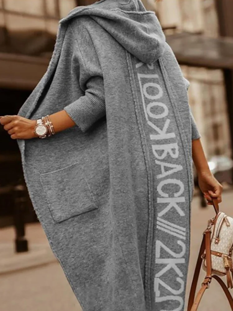 Cardigan à Capuche et Manches sulfpour Femme, Pull Long avec Poches et Lettres Imprimées, Streetwear Décontracté, Collection Automne Hiver 2025