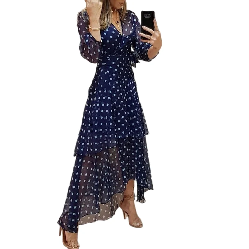 Robe de Soirée Élégante à Pois Imprimé Bleu Foncé, Tenue Plissée Irrégulière, Décontractée, Col en V, Taille Haute, Éducative