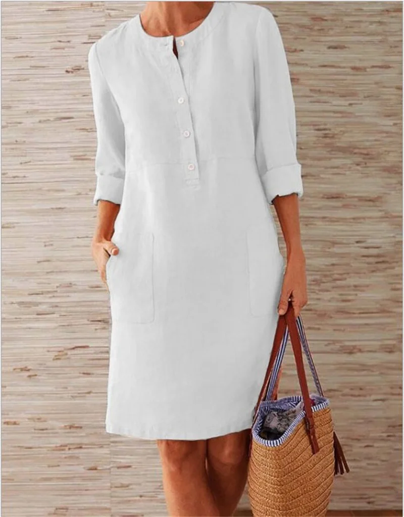 Femmes confortable décontracté coton lin robes 2025 automne couleur unie poches latérales robe femme O cou pull à manches longues robe