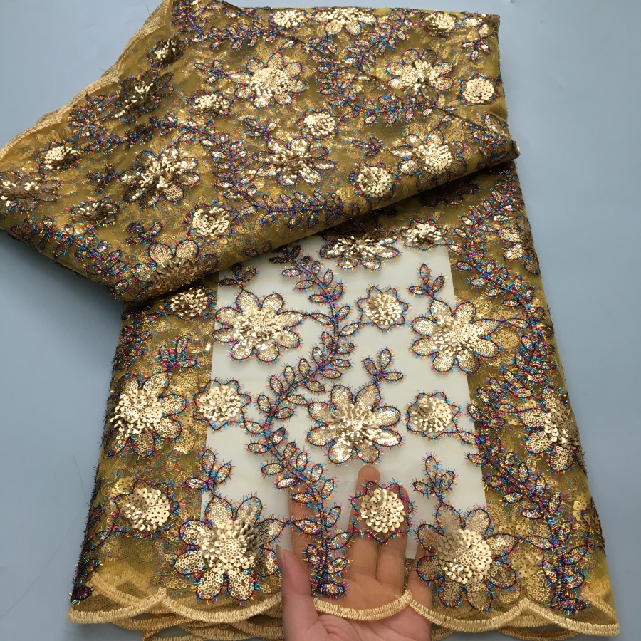 Tissu africain en dentelle de Tulle et paillettes, maille française de luxe, 2025, haute qualité, 5 Yards, filet nigérian pour robe de mariée, couture A3861