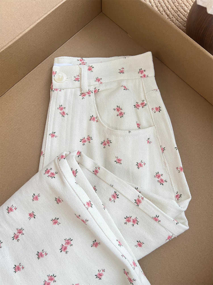 Pantalon en Denim à fleurs blanches simples pour femmes, nouvelle collection printemps été 2021, taille haute, jambes larges, décontracté, polyvalent