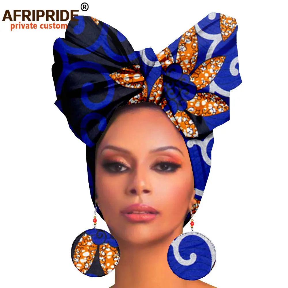 Couvre-chef et boucles d'oreilles africaines pour femmes, foulard de tête africain Ankara, foulard traditionnel, Turban imprimé cire AFRIPRIDE A19H008