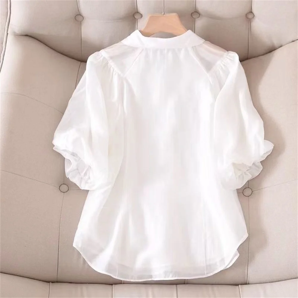 Chemise Blanche à Manches Bouffantes pour Femme, Élégante, à la Mode, lèvent, Style Français, Couleur Unie, Nouvelle Collection Été 2024