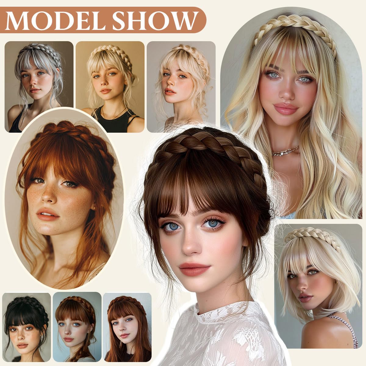 Serre-têtes larges tressés en cheveux synthétiques, avec dents, faits à la main, accessoires pour cheveux, noir, 1 pièce