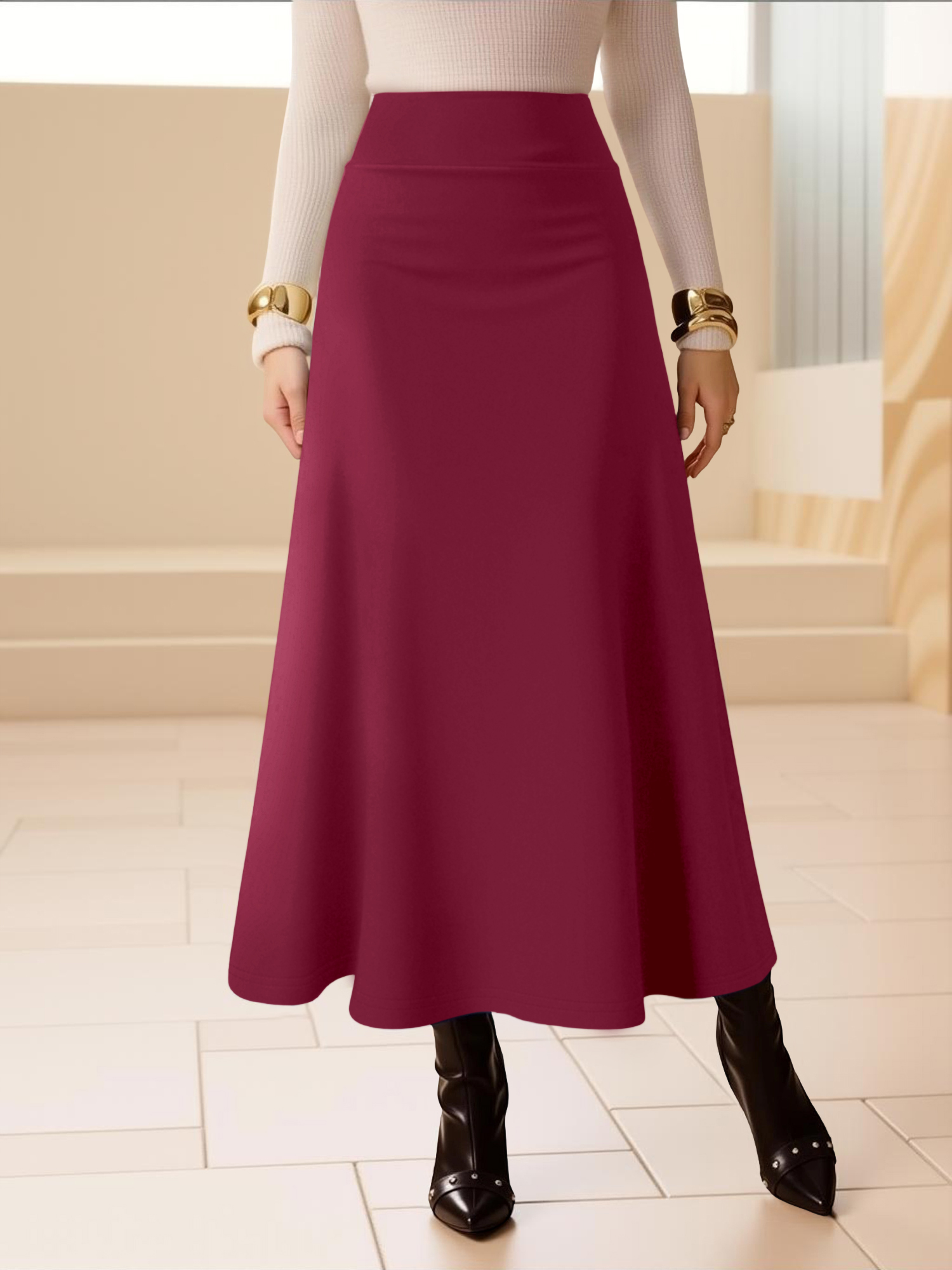 Jupe mi-longue à taille haute pour femmes, style évasé et fluide, tissu respirant pour tenues décontractées, sorties et dates, couleurs classiques