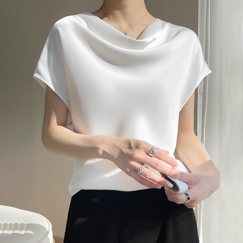 T-Shirts d'été en soie pour femmes, col rond, manches courtes, décontracté, couleur unie, bas, ample, hauts féminins, pull, vêtements 5XL