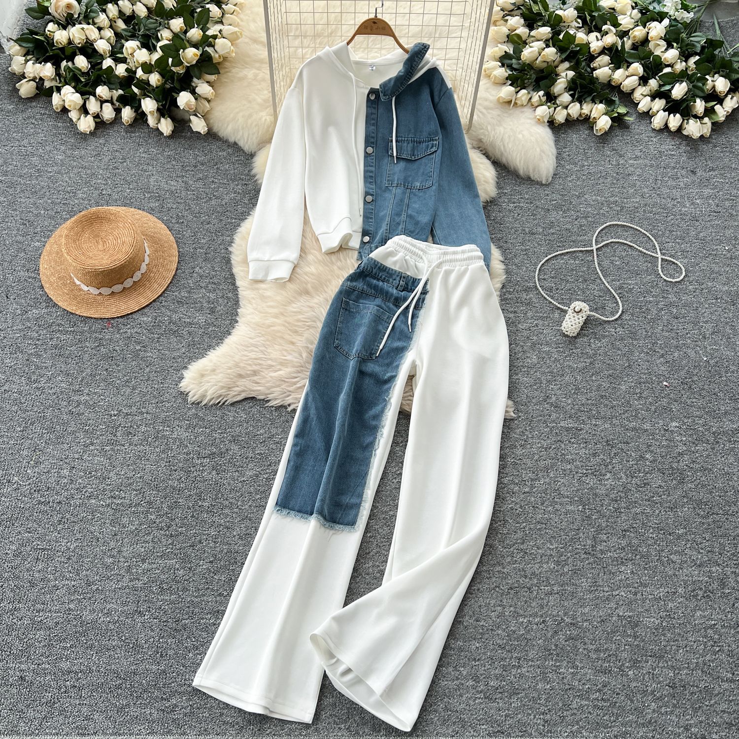 Ensemble pantalon femmes deux pièces ensembles à capuche ensembles assortis décontracté hauts amples jambe large pantalons longs taille élastique à lacets épissure Denim 2025