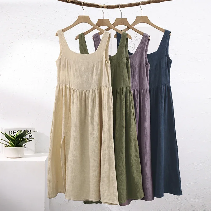 Mousseline 100% coton gaze Boho Robe femmes casual col en U sans manches solide été ample plage vacances Robe d'été dame Robe robes