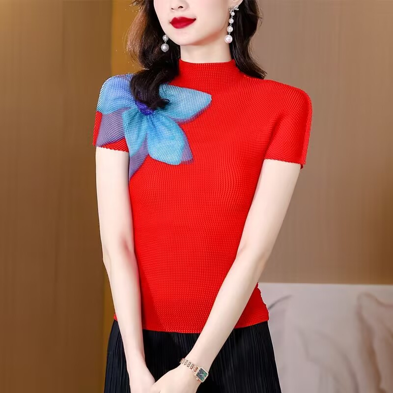 Femme vêtements T-shirt Miyake plissé Grain imprimé T-shirt femmes manches courtes rétro col mi-haut été Joker haut mince
