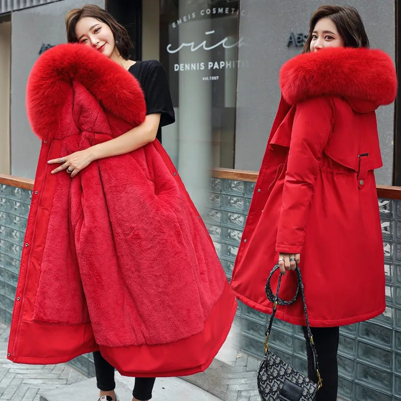 Veste d'hiver 2026, nouvelle parka pour femme, manteau long, doublure en laine, veste à capuche, col en fourrure, épaisse, chaude, vêtements de neige, parka rembourrée 6XL