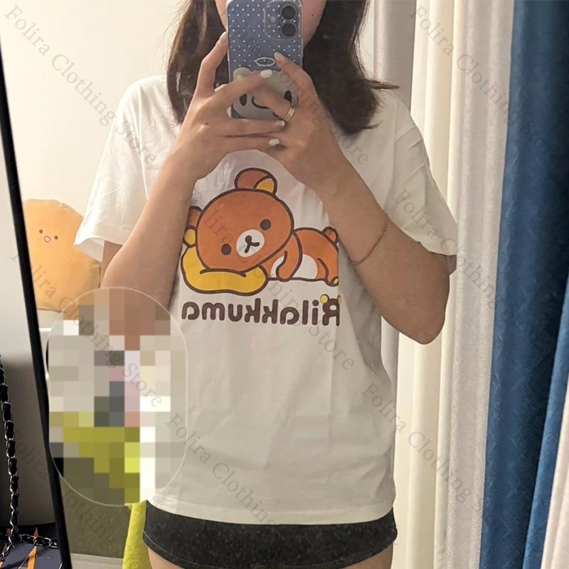 T-shirt Kawaii Rilakkuma en coton, t-shirt d'été confortable à manches courtes, t-shirt pour femmes, t-shirt quotidien pour filles, vêtements décontractés