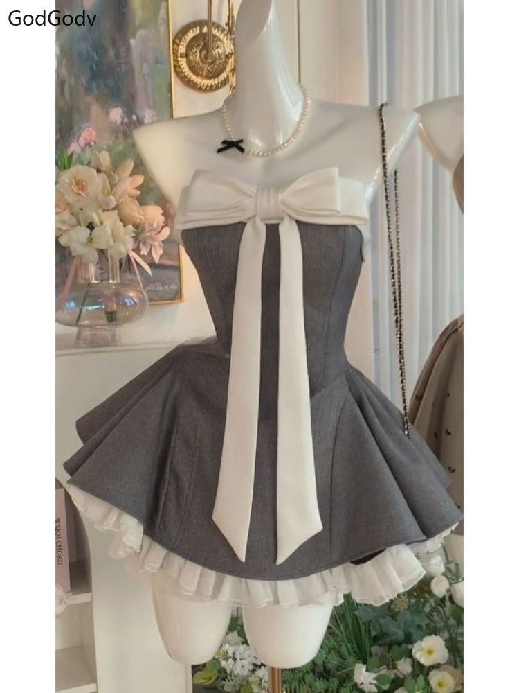 Robe d'été Vintage élégante pour femme, sans bretelles, avec nœud, Patchwork, taille haute, bouffante, Mini, Chic français, tenues Sexy, nouvelle collection 2025
