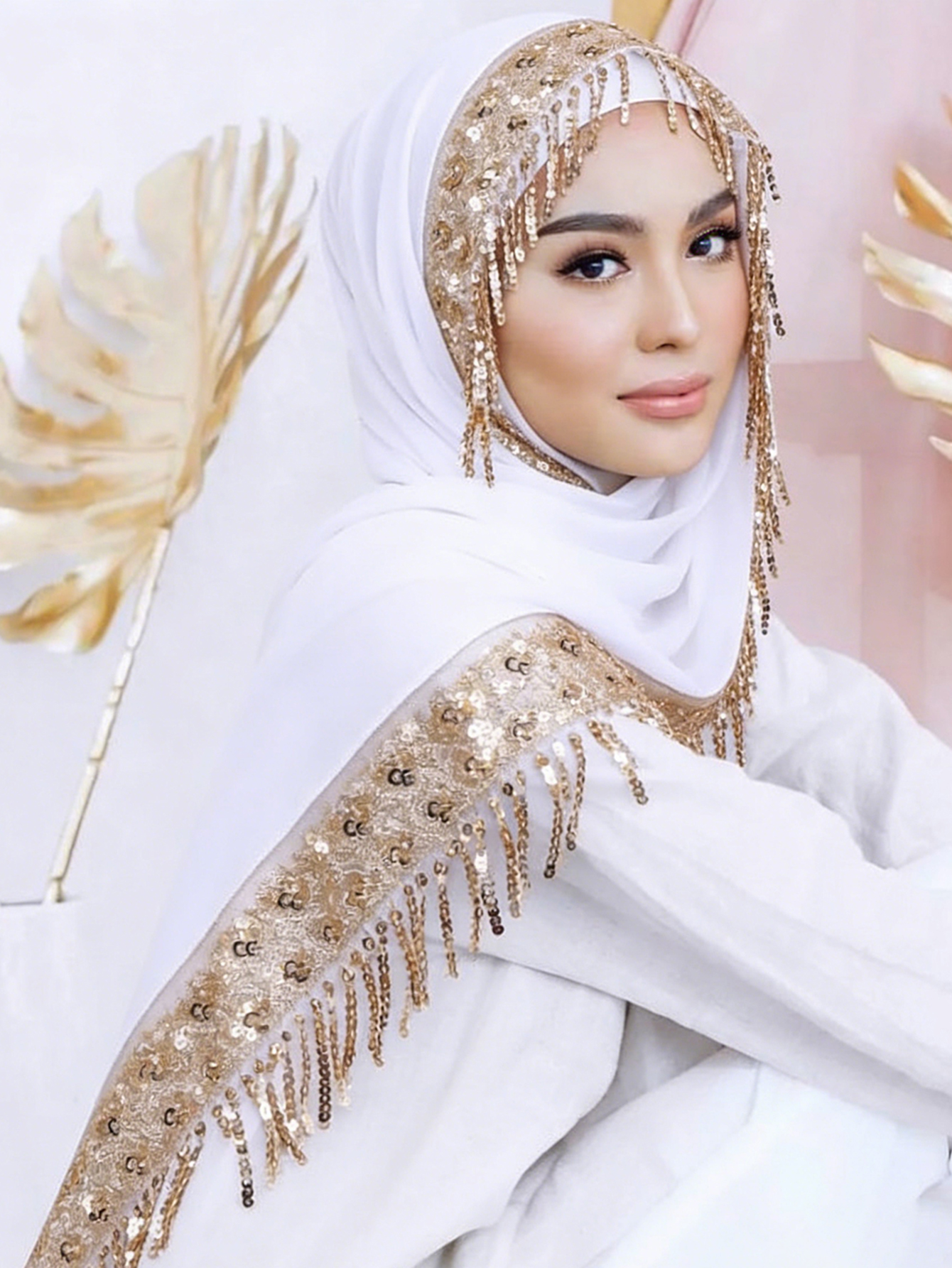Châles en mousseline de luxe à sequins et pompons, hijabs, foulards longs unis pour femmes musulmanes, couvre-chefs pour mariage, Ramadan, Aïd
