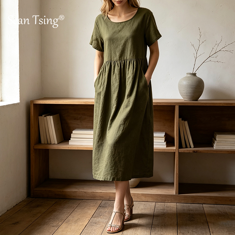 Robe midi en coton et lin pour femmes, manches bouffantes courtes, décontractée, ample, robe d'été une pièce