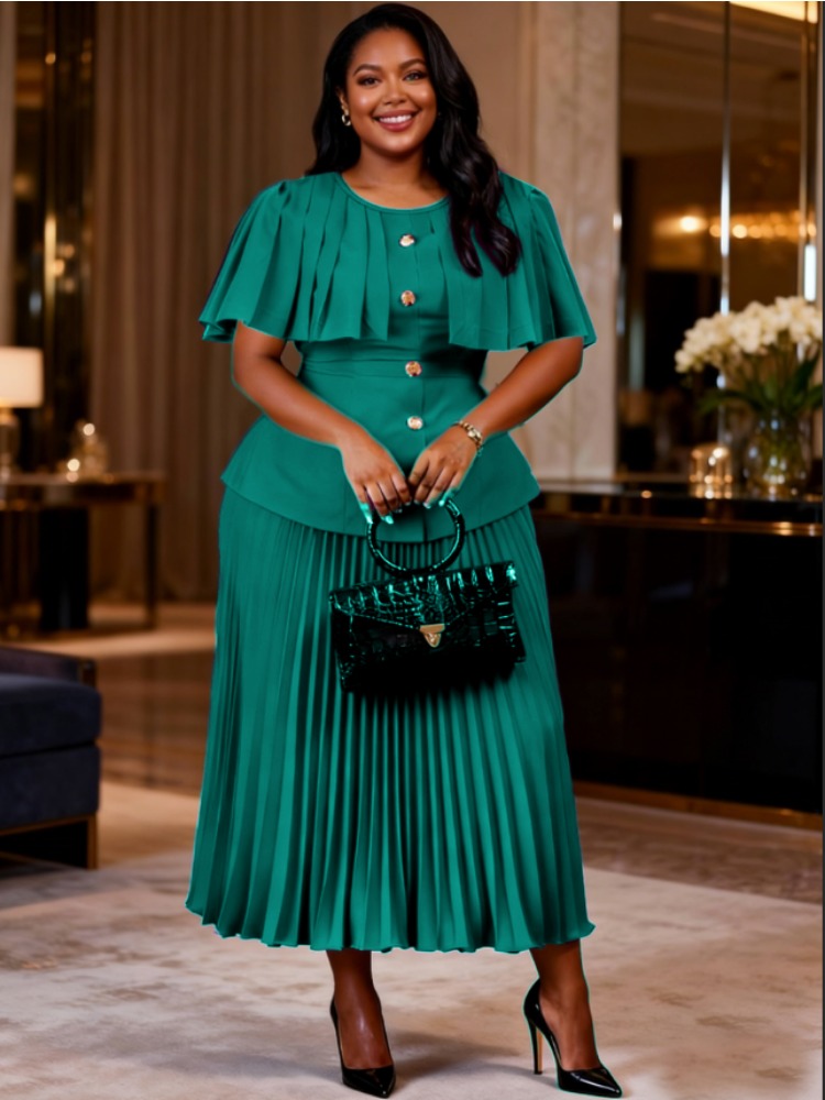 Ensemble deux pièces élégant pour femmes, style cape à col rond et boutons, hauts et jupe plissée taille haute, pour les occasions de fête, les événements professionnels et les occasions spéciales