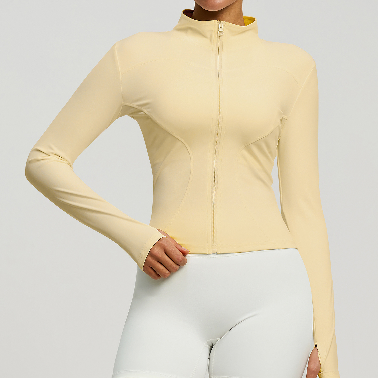 Veste de sport pour femmes : Veste amincissante à coupe ajustée avec col montant, fermeture éclair, gants sans doigts, haut de yoga, vêtements de fitness et de yoga.