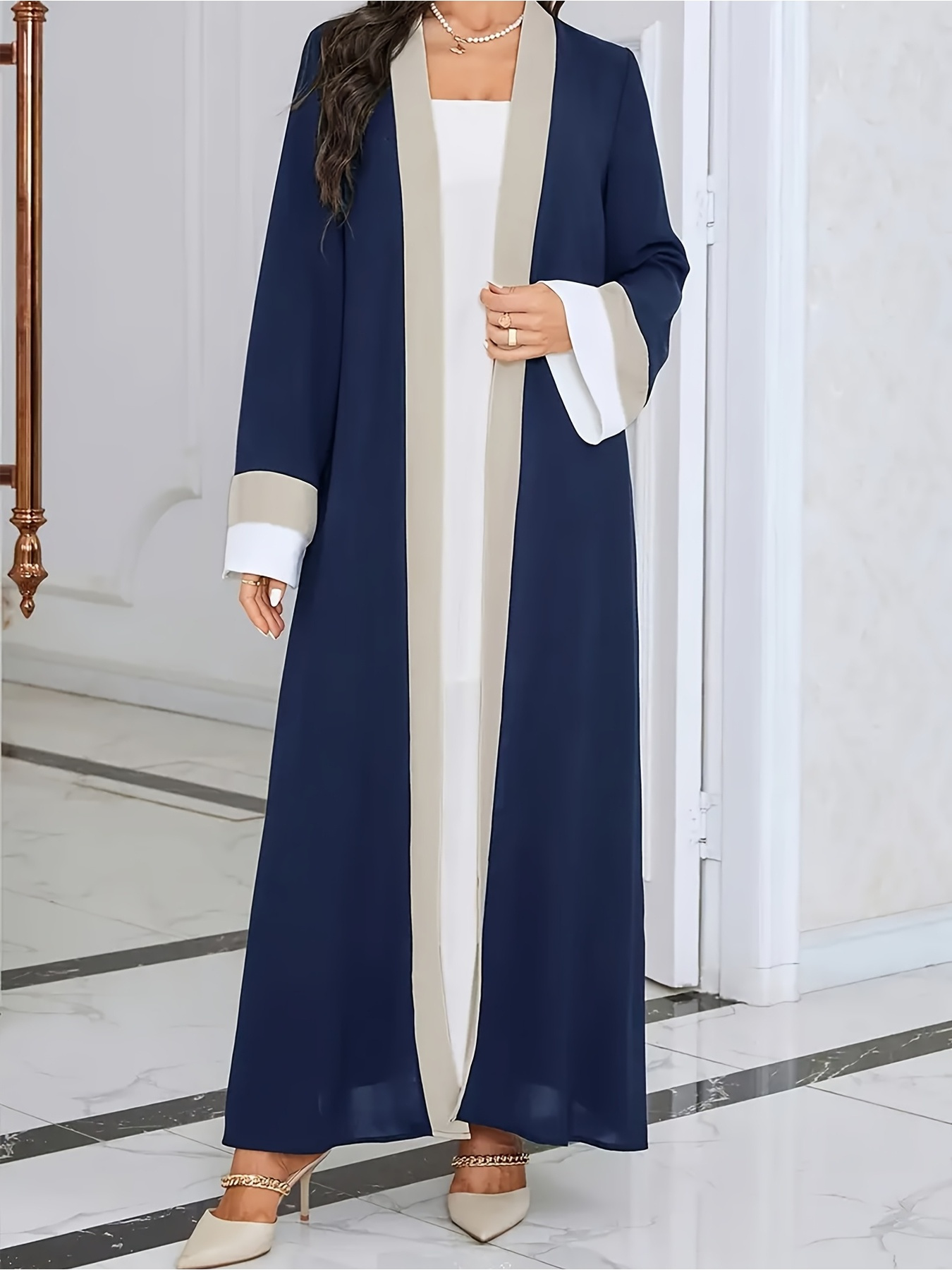 Robe longue décontractée et élégante pour femme, col ouvert, manches longues, color-block, coupe ajustée, extra-longue, tendance, pour femmes musulmanes