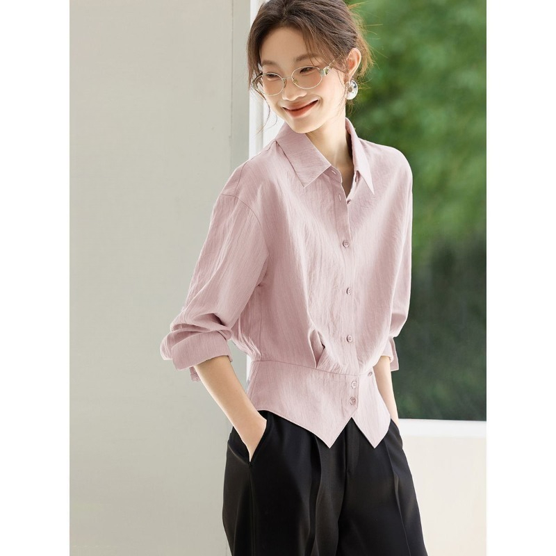 Chemisier élégant à manches longues pour femme, col à revers, coupe ajustée, idéal pour le bureau, respirant, pour l'été et le printemps